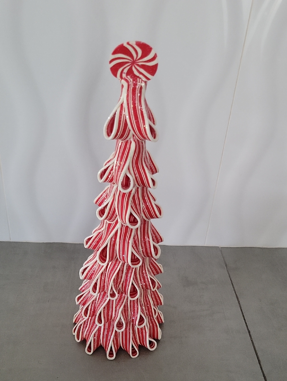 Red & White Peppermint Sparkle Cone Holiday Tree Décor 13" Tall